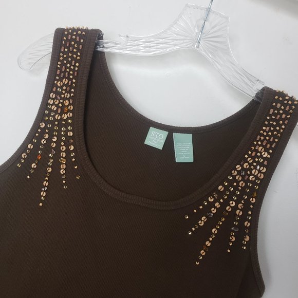 STO Women's Chocolate Sequined Scoop Neck Cotton Shell Shirt Blouse Tank Top - Picture 5 of 11